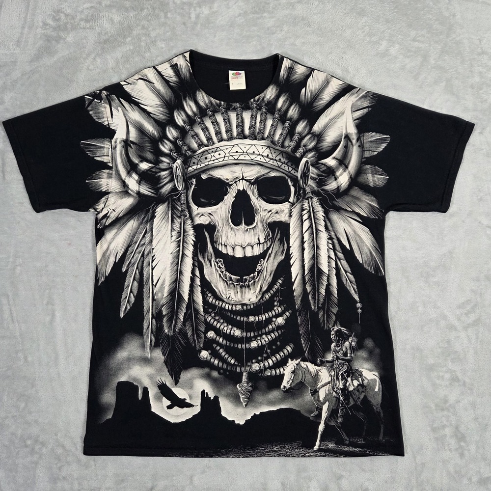 Vintage Y2K Skull Headdress Western Graphic T Shirt Mens L Black Fruit of Loom